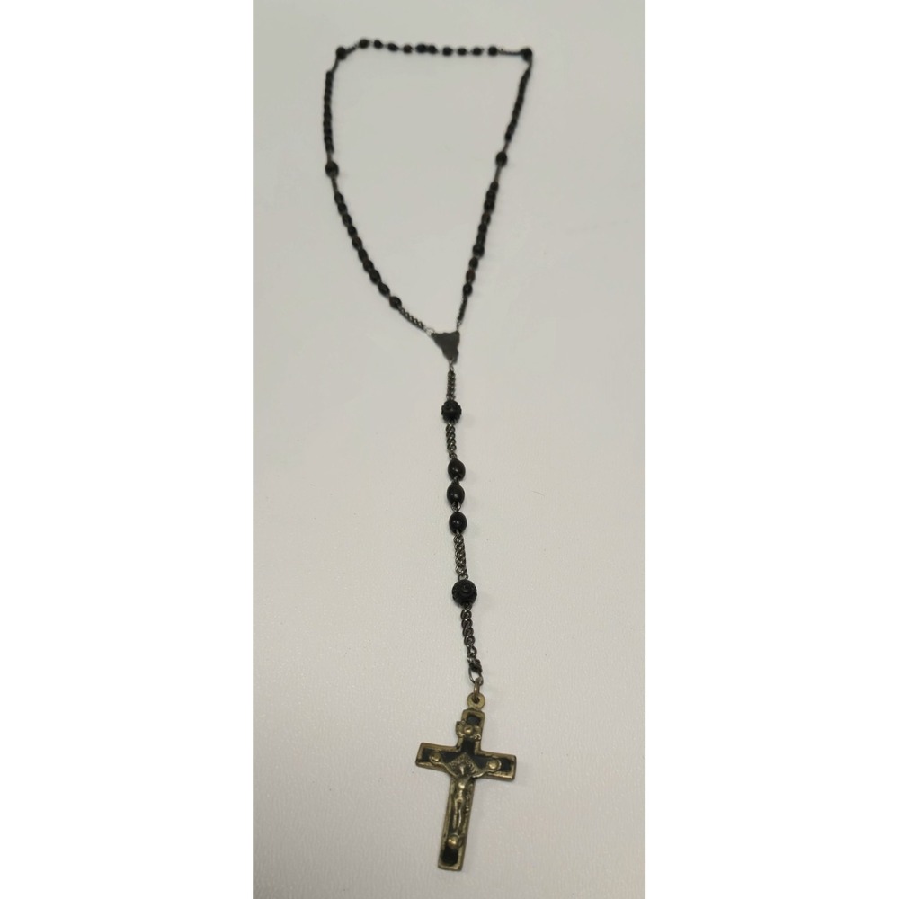Vintage Rosary Beads Crucifix Necklace Bronze Tone Black Beads Italy Religious